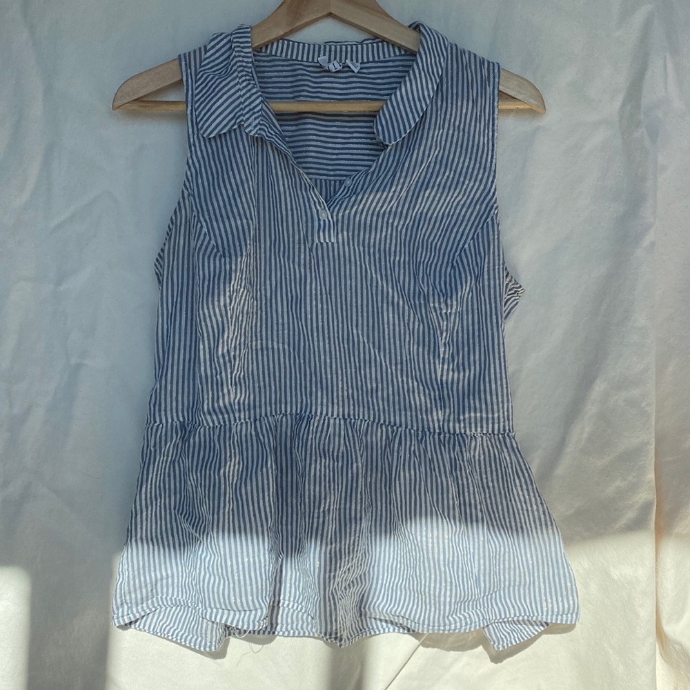Pinstripe sleeveless collared peplum tank with gold accents